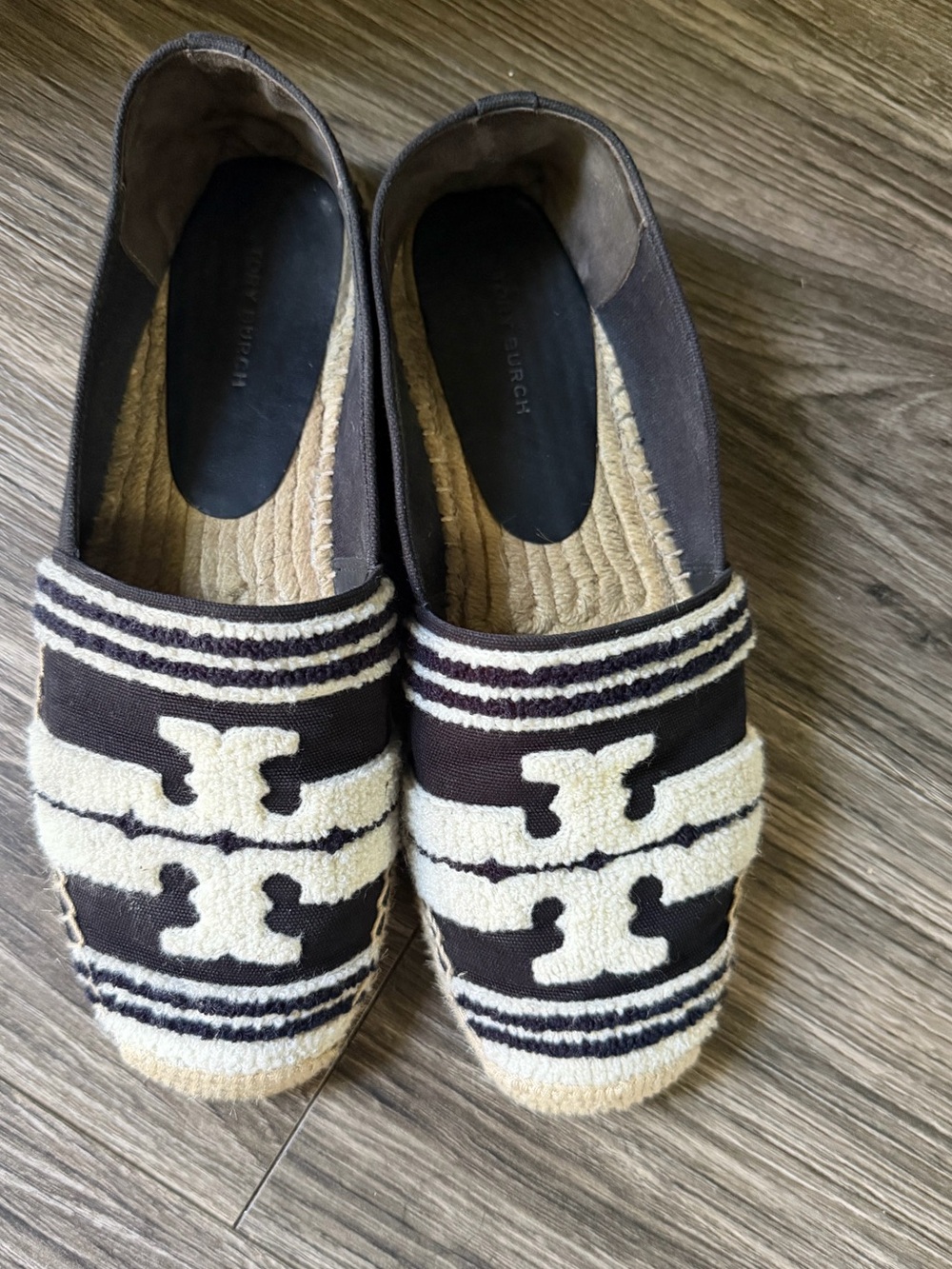 Tory Burch Black and Cream Logo Espadrille Flats